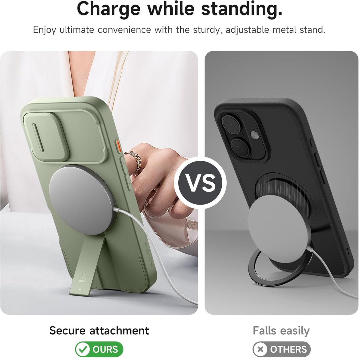 SURITCH for iPhone 16 Case with Magnetic Camera Slide Cover and Adjustable Kickstand, Compatible with MagSafe, Shockproof Bumper Case Slim Protective Cover 6.1 Inch, Green