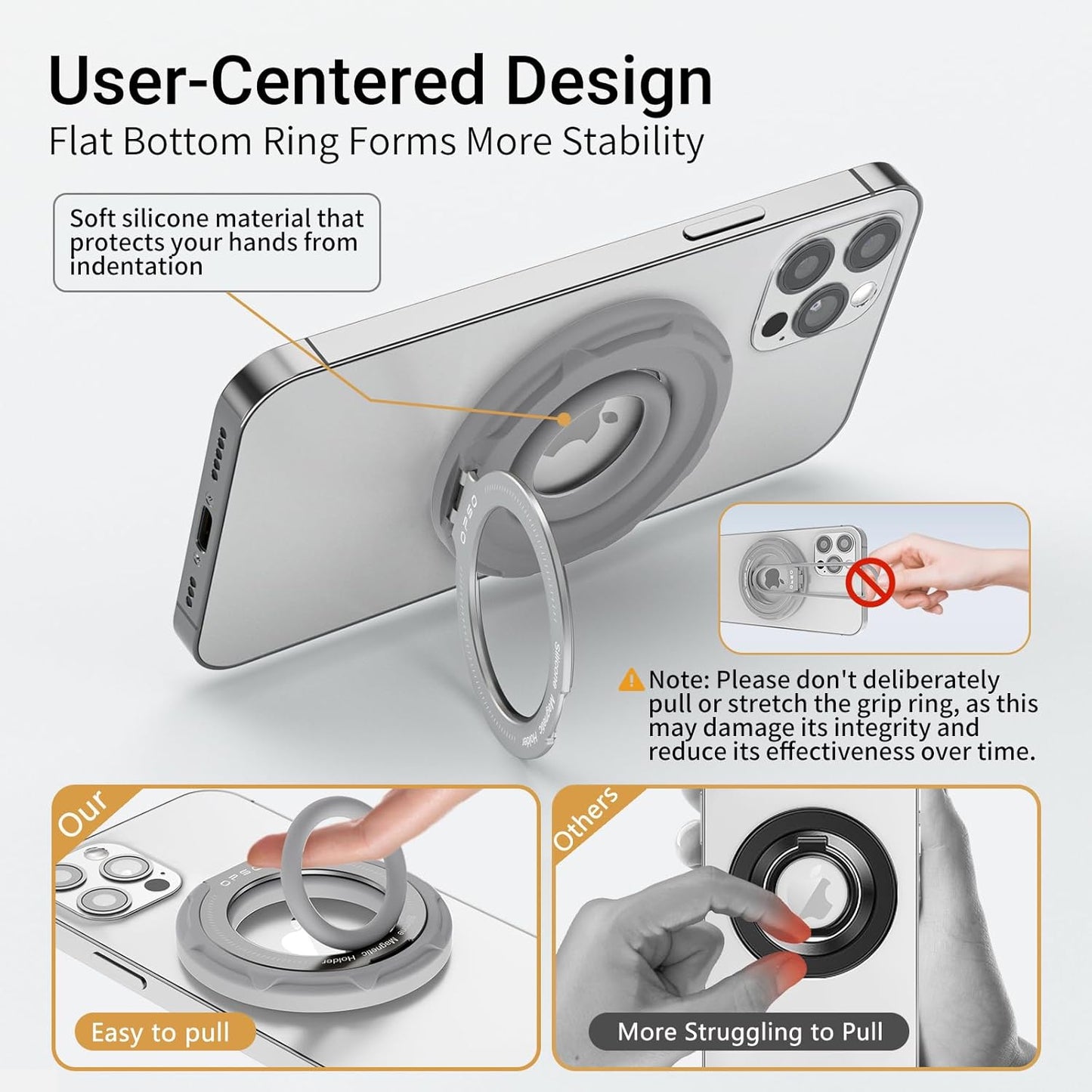 OPSO Magnetic Phone Ring Holder for MagSafe, 360 Degree Rotation Silicone Finger Ring Grip Stand Holder, Adjustable Kickstand, Compatible with iPhone 16 15 14 13 12/Pro/Max, Samsung and All Smartphone