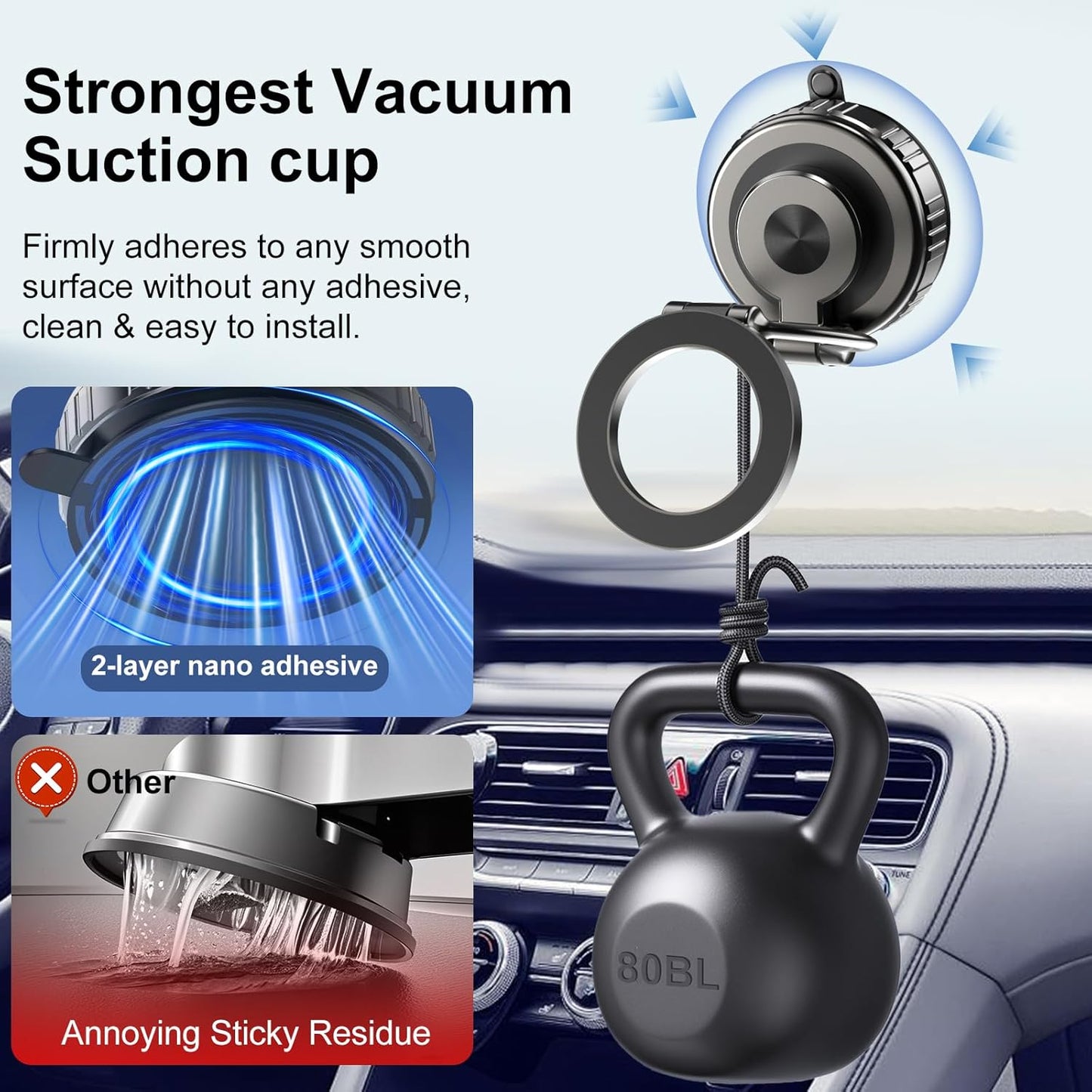 Kairiyard Vacuum Magnetic Phone Holders for Your Car, 360° Adjustable Ultra Magnet Suction Car Phone Holder Mount Foldable Cars Phone Stand Compatible with MagSafe iPhone All Smartphones