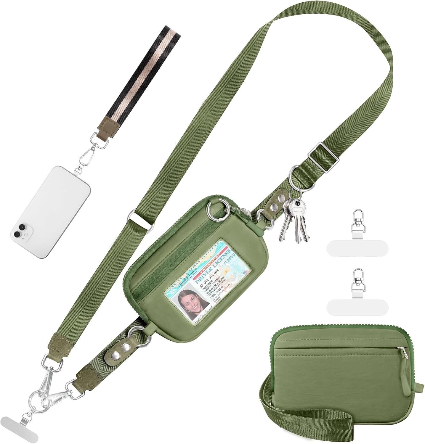 Clip and Go Strap for Phone with Wallet Crossbody Phone Lanyard Adjustable and Detachable RFID Wristlet Wallet with ID Window and Zipper, Green