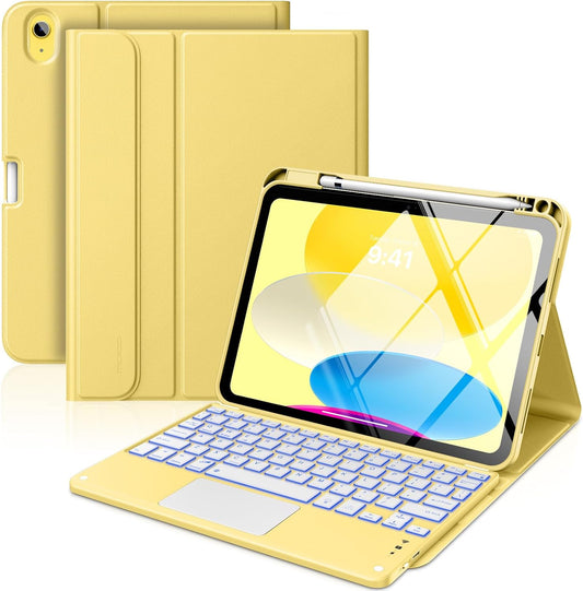 MoKo Touch Keyboard Case for iPad (A16) 11th Generation 11 inch 2025, iPad 10th Generation 10.9 inch Case with Pencil Holder, 7 Colors Backlit Multi-TrackPad Detachable Bluetooth Keyboard,Light Yellow