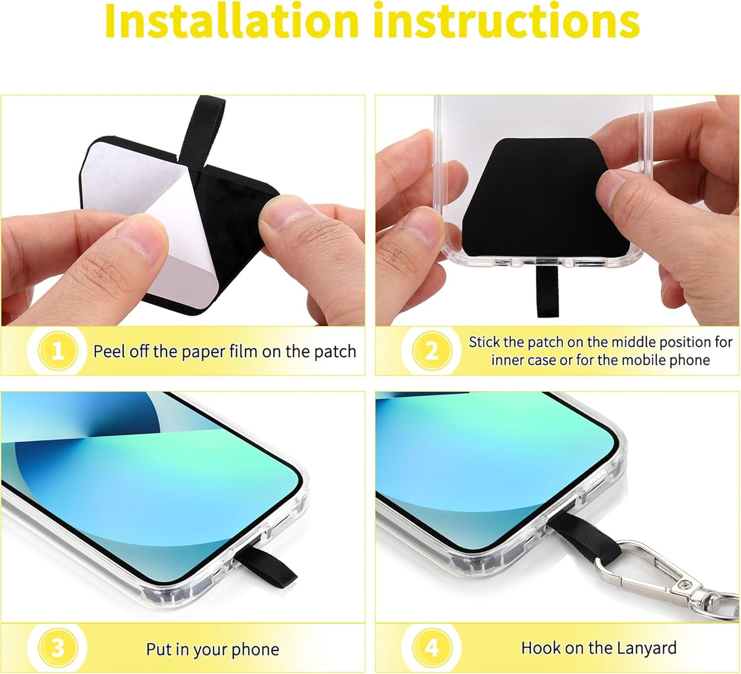 CACOE Phone Lanyard 2 Pcs-2 Pcs Adjustable Neck Strap, 4 Pcs Tether Tab, Universal Crossbody Multifuctional Cell Phone Lanyards Compatible with Most Smartphones(Black+Yellow)