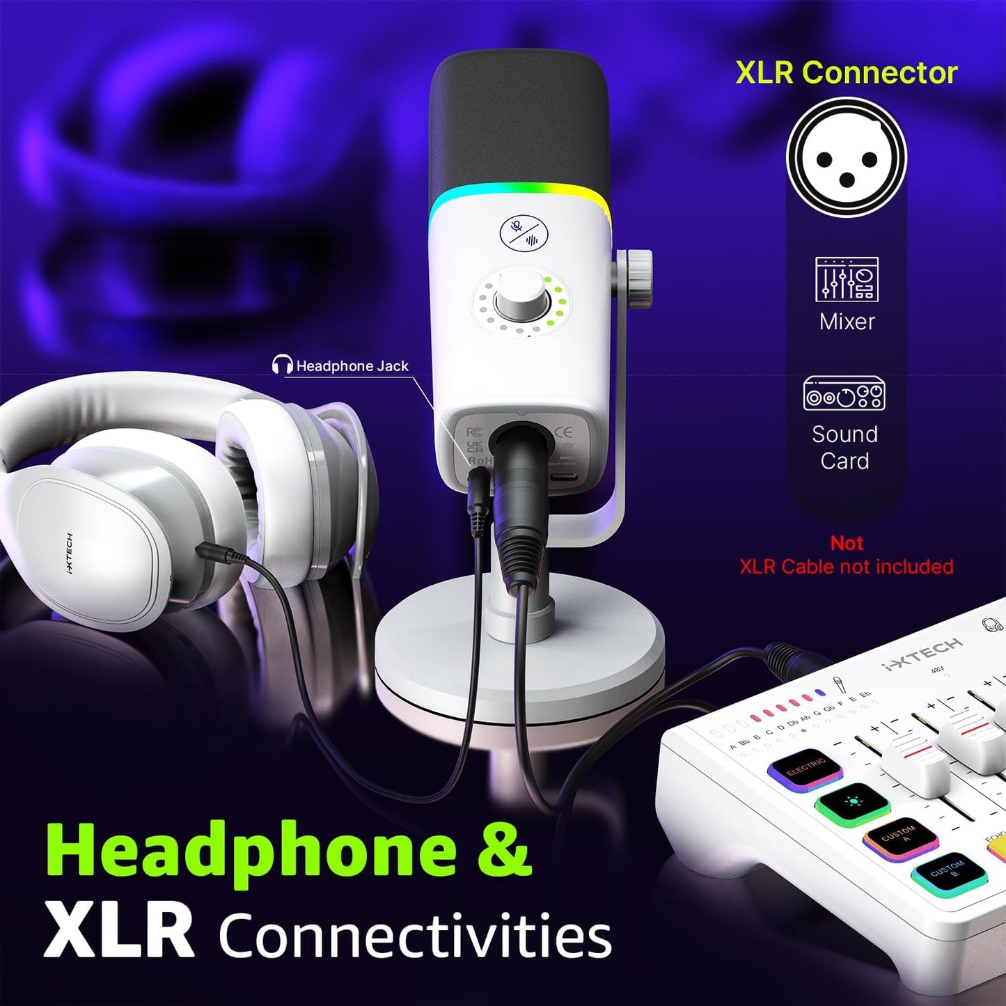 IXTECH Gaming USB Microphone for PC, Noise Cancellation Condenser Mic for Podcasts and Video Streaming with Tripod Stand, Pop Filter, Shock Mount, Gain Control, RGB Lights, Quiet Mute Button (White)