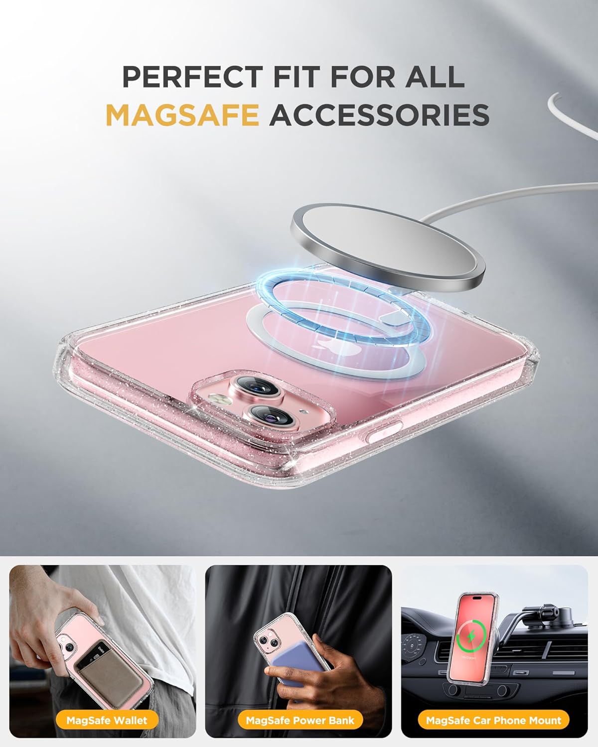 Miracase Glass Series for iPhone 15 Case [Compatible with MagSafe] Full-Body Magnetic Case with Built-in 9H Tempered Glass Anti-Fingerprint Screen Protector + Camera Lens Protector, Clear Glitter