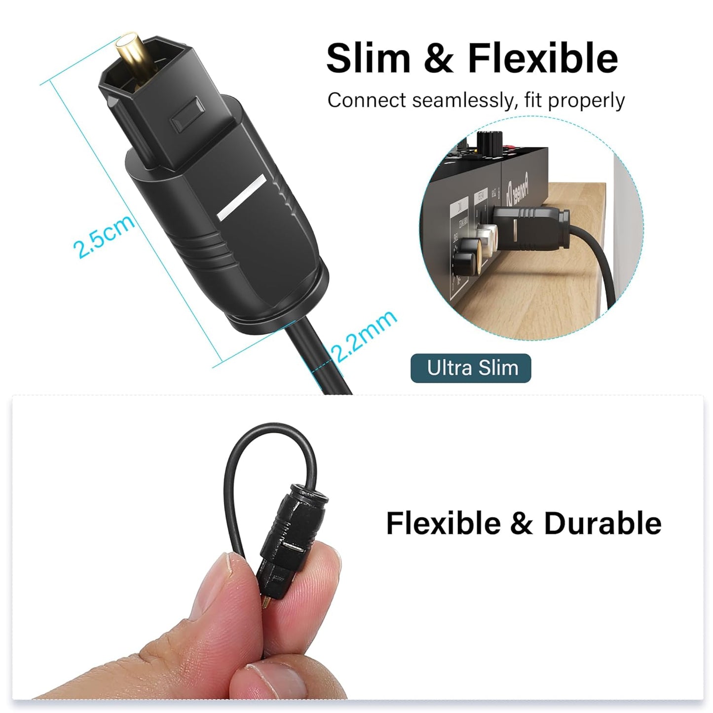 Adoreen Ultra-Thin Slim Digital Optical Audio Cable 25FT, Fiber Optic SPDIF Toslink Cord Gold-Plated High-Speed Flexible & Durable for TV Soundbar Home Theater Game Console PS4 Xbox Samsung +Ties