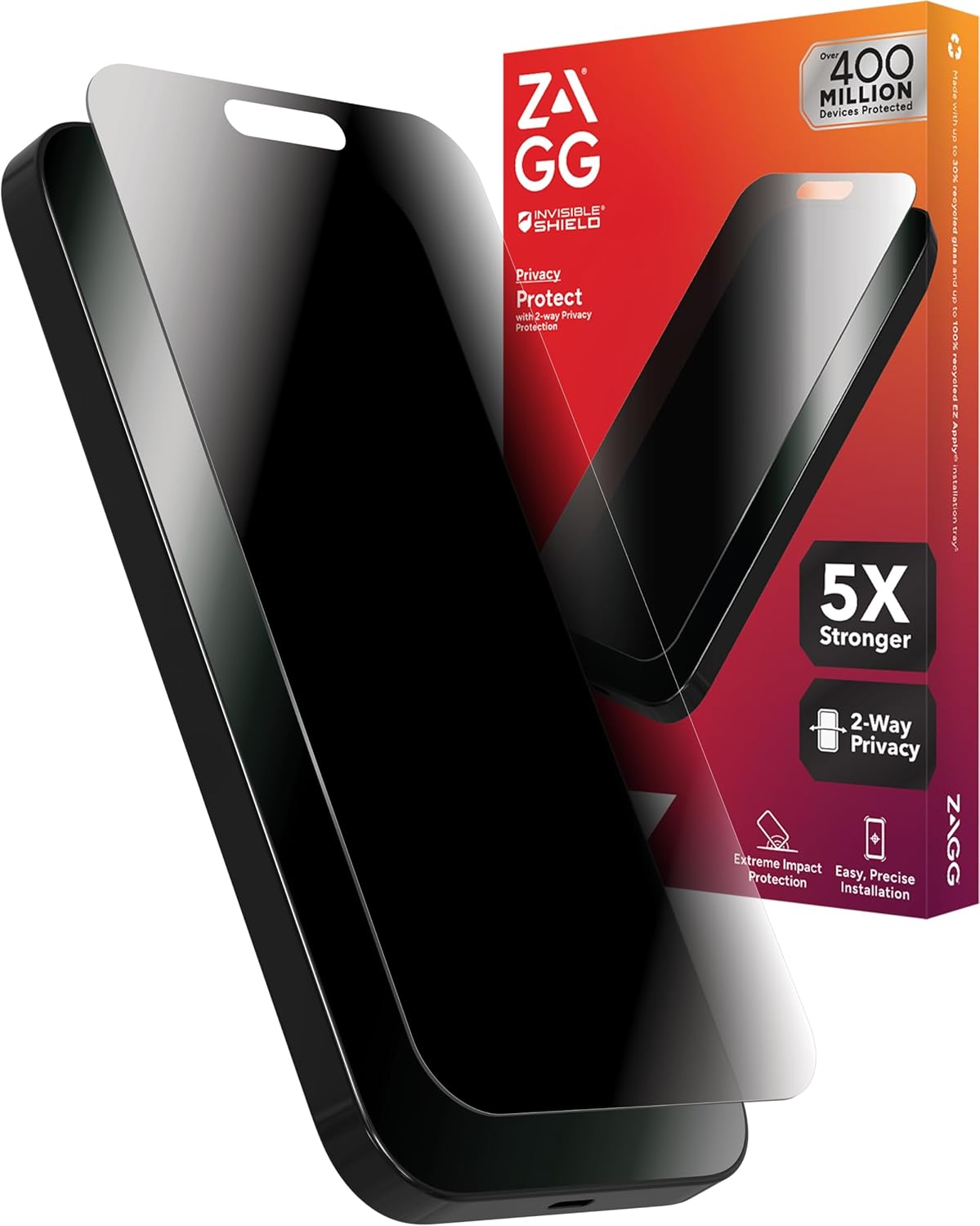 ZAGG InvisibleShield Glass Elite Privacy iPhone 15 Pro Max Screen Protector - 5X Stronger with Reinforced Edges, 2-Way Privacy Filter, Scratch & Smudge-Resistant Surface, Easy to Install