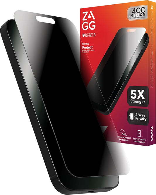 ZAGG InvisibleShield Glass Elite Privacy iPhone 15 Pro Max Screen Protector - 5X Stronger with Reinforced Edges, 2-Way Privacy Filter, Scratch & Smudge-Resistant Surface, Easy to Install
