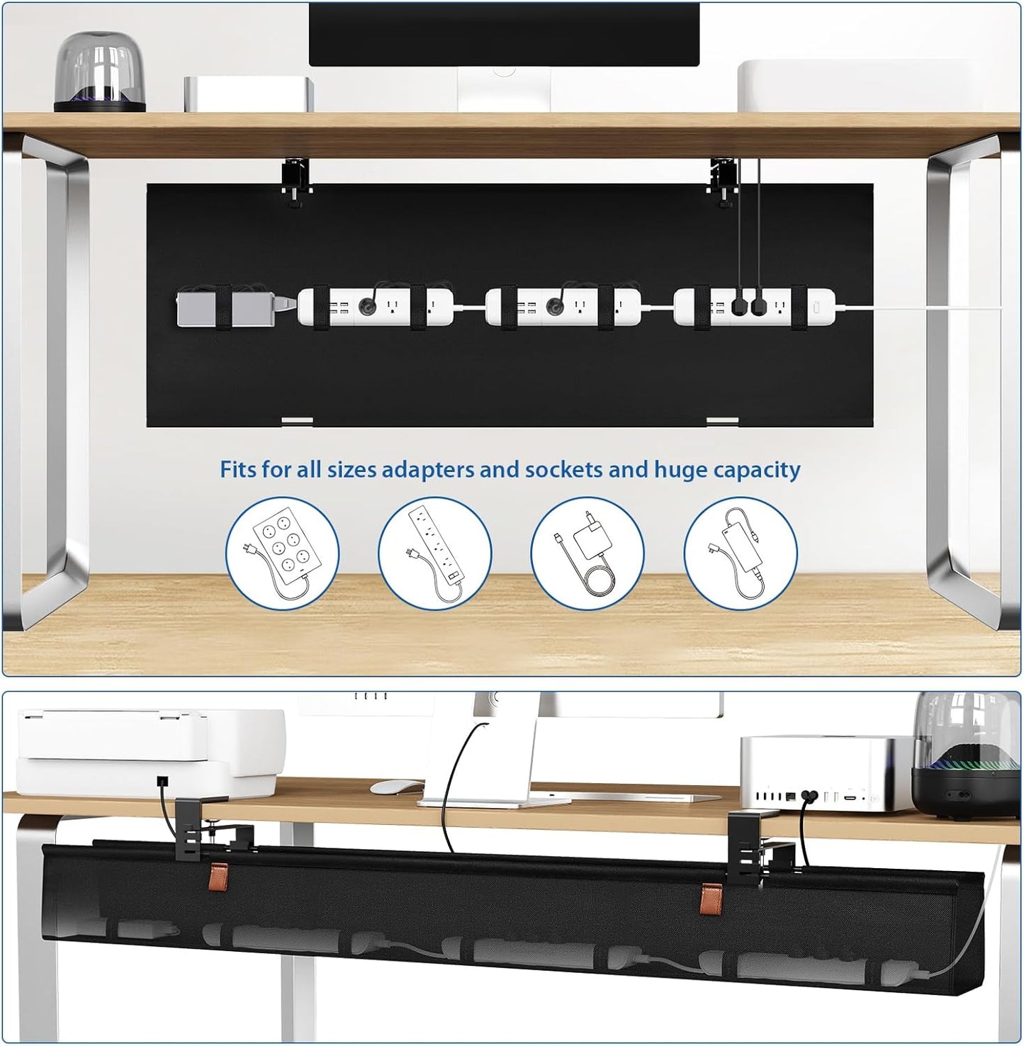 Zilink No Dril Under Desk Cable Management Tray 40" Cord Organizer for Table Clamp/Screw Mount Premium Fabric Cable Management Tray for Home Office Gaming Desk
