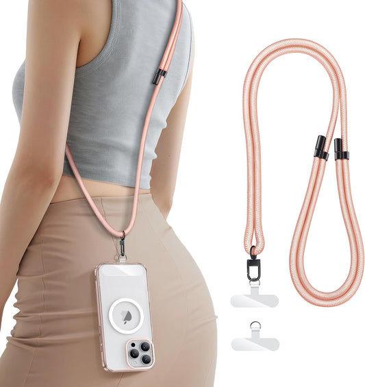 for Phone Lanyard Crossbody with 2X TPU Clear Phone Tabs, Retractable Cellphone Lanyard, Premium Metal Buckles, Skin-Friendly, Universal Wrist Strap Leash for Women Men,Pink-Gold