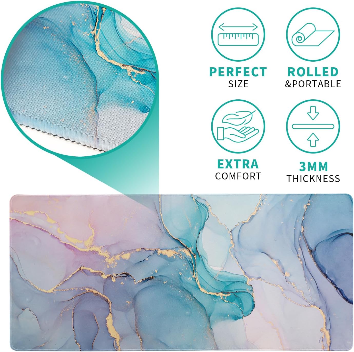 Teal Marble Extended Mouse Pad 31.5x11.8 Inch Turquoise Desk Marble Mousepad Extended Large Non-Slip Rubber Base Waterproof Big Keyboard Mat with Stitched Edges for Gaming and Office