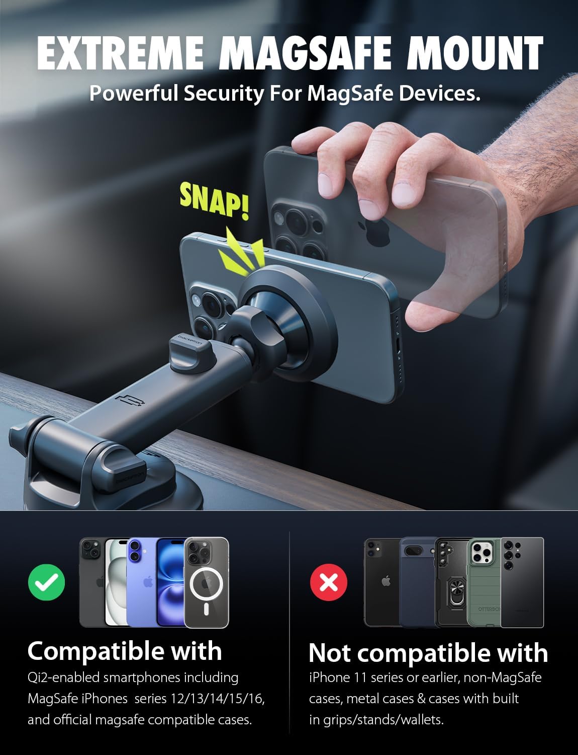 Bracketron MagSafe Car Mount,MagAlign Pro Extend Magnetic Phone Holder for Car Windshield & Dashboard & Vent,360° Vacuum Suction Cup Phone Mount for iPhone 16 Pro Max 15 14 13 12,Car Accessories.