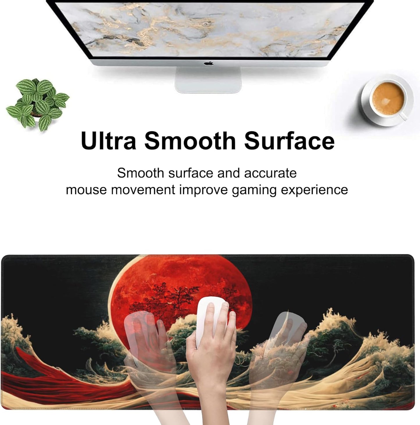 Red Moon Above The Sea Desk Mat,Large Chinese Style Landscape Gaming Keyboard Mouse Pad,Non-Slip Rubber Base Desk Pad Thick Stitched Edges Waterproof Mousepad Mouse Mat 31.5"x11.8"