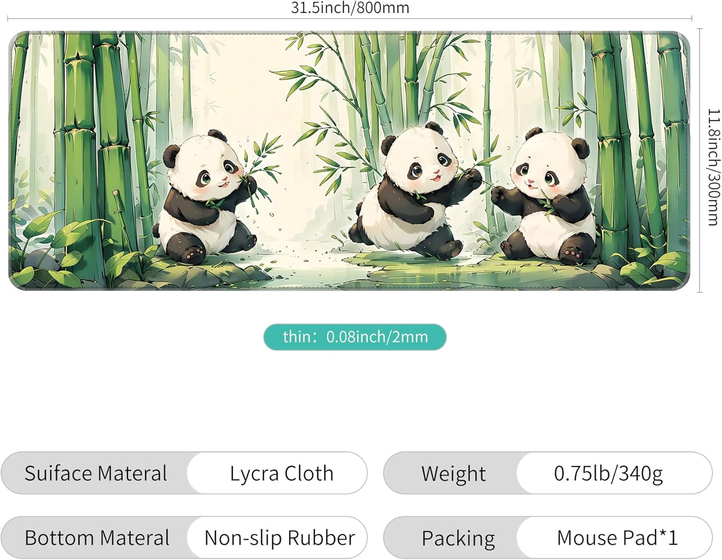 Dynippy Thin Extended Gaming Mouse Pad （31.5 * 11.8 * 0.08 inch） with Stitched Edges Large Mousepad Long XXL Keyboard and Mouse pad Desk Mat for Gaming Office & Home - Cute Panda
