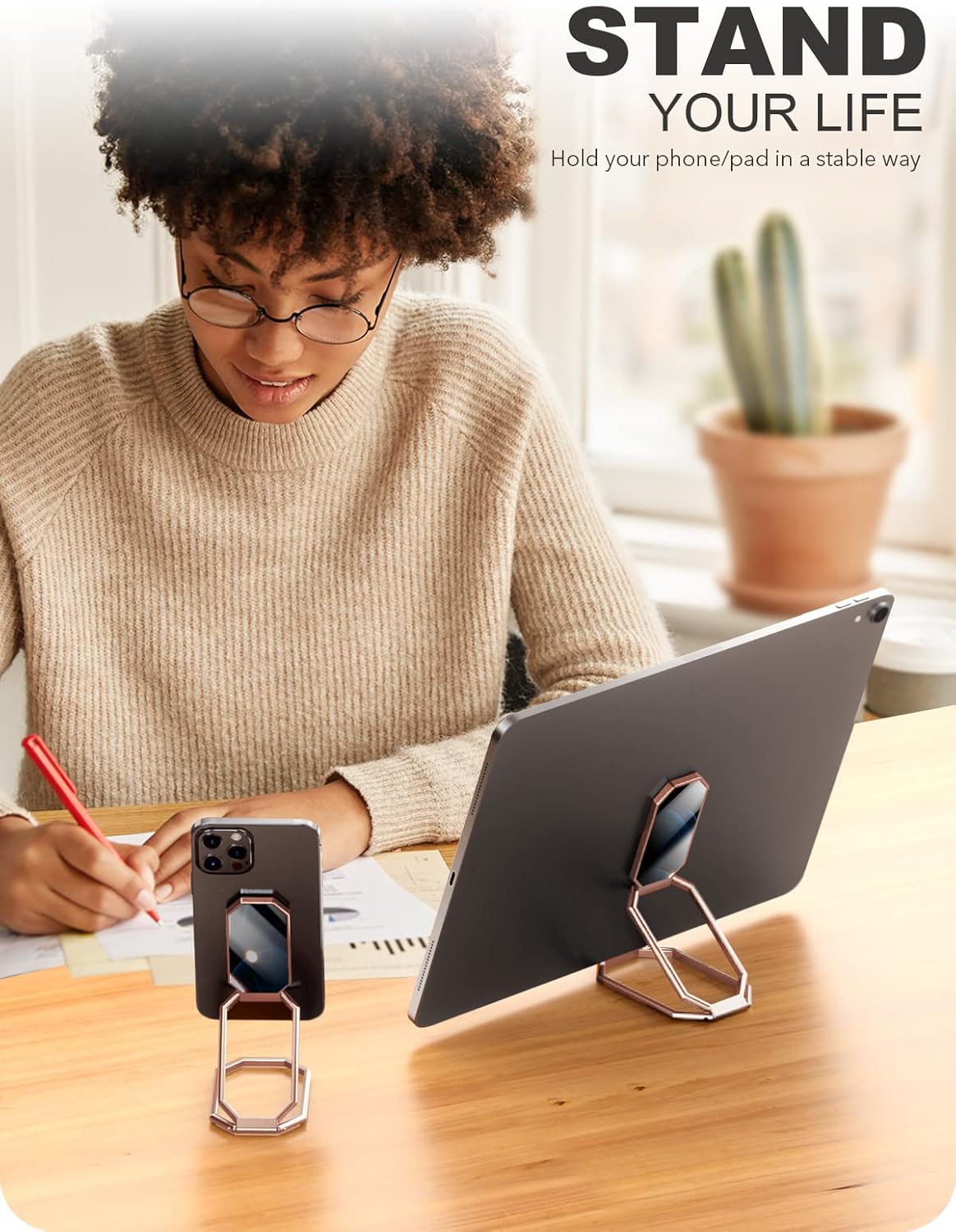 A-LuGei 𝗙𝗼𝗹𝗱𝗮𝗯𝗹𝗲 & 𝗔𝗱𝗷𝘂𝘀𝘁𝗮𝗯𝗹𝗲 Cell Phone Ring Holder Stand, Phone Kickstand for Desk, Cell Phone Holder for Hand, Ring for Back of iPhone, Metal Phone Grip for Magnetic Car Mount