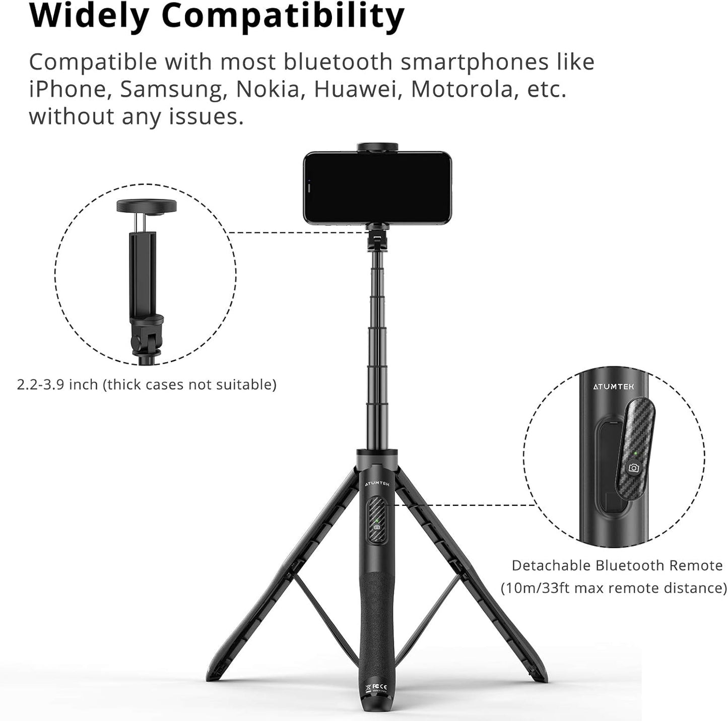 ATUMTEK 51" Selfie Stick Tripod, All in One Extendable Phone Tripod Stand with Bluetooth Remote 360° Rotation for iPhone and Android Phone Selfies, Video Recording, Vlogging, Live Streaming, Black