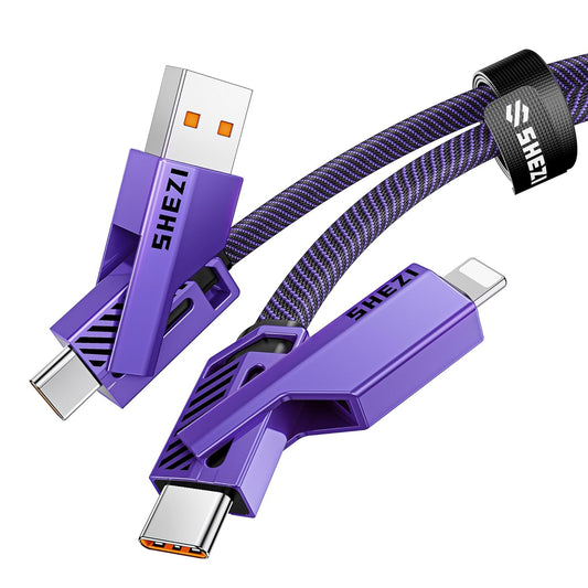 SHEZI [Upgraded 2.0 4-in-1 USB C Cable 60W 5FT Fast Charging [480Mbps Data Transfer] Flat Nylon Braided Charger Cord Combo, USB A/C to C/L Multi Charge Cable for iPhone/iPad & Most Devices, Purple