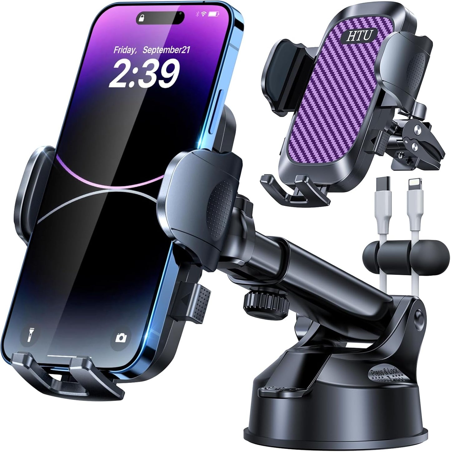 HTU 2025 Best Car Phone Holder 【Ultimate 5-in-1 & Upgraded 100+LBS Strongest Suction】【True Military-Grade & Safety Cert】 360° Windshield Dashboard Vent Mount Stand for iPhone Android & Truck, Purple