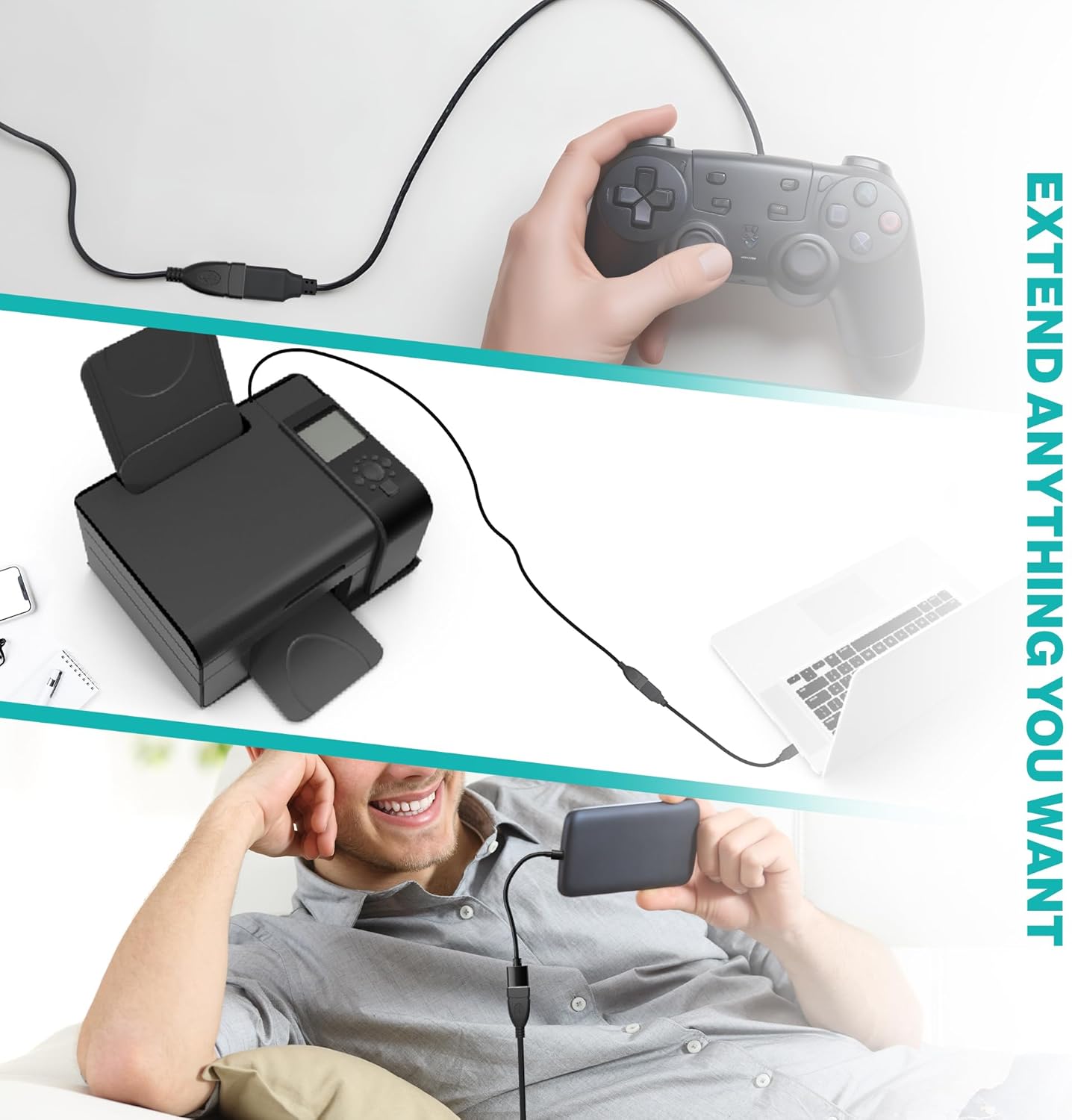 5FT USB Extender Cable Male to Female USB A Male to USB A Female 2.0 Data Transfer and Charging Adapter for TV, PC, Laptop, PlayStation, Xbox, Flash Drive for Multiple Devices