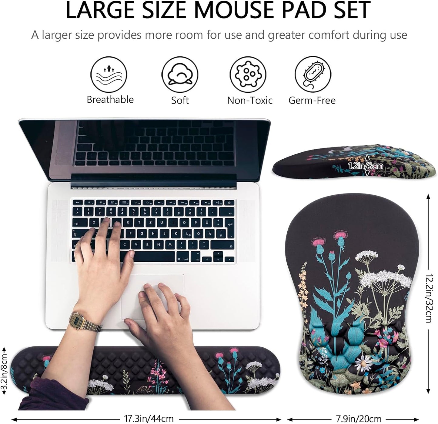 Mouse Pad Wrist Support, Laokiiy 2 in1 Keyboard Wrist Rest+ Ergonomic Mouse Pad, Non-Slip Wrist Rest for Computer Keyboard, Made Easy Typing & Relieve Wrist Pain(Flower)