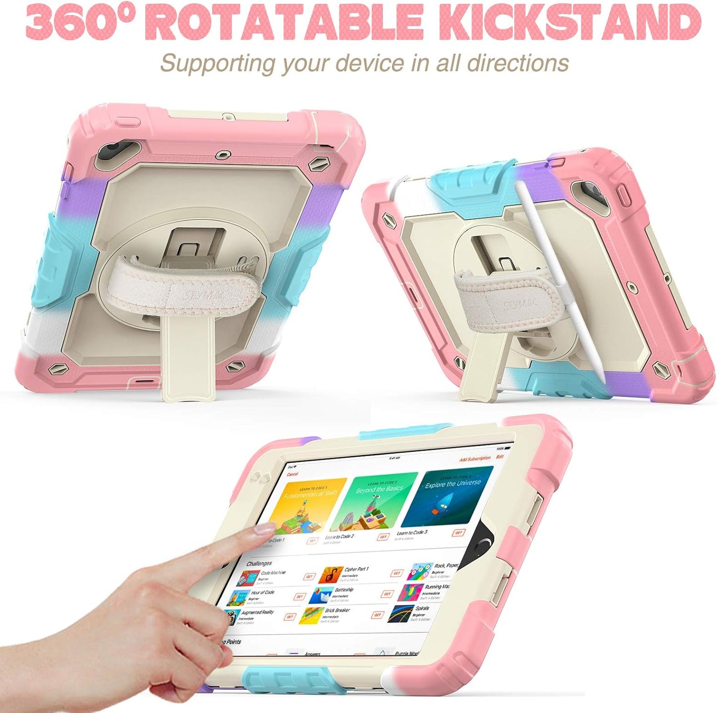 SEYMAC stock Case for iPad mini 5/4 with Screen Protector Pencil Holder [360 Rotating Hand Strap] & Stand, Drop-Proof Case for iPad mini 5th/4th Generation 7.9 inch (Yellowish+Rose)