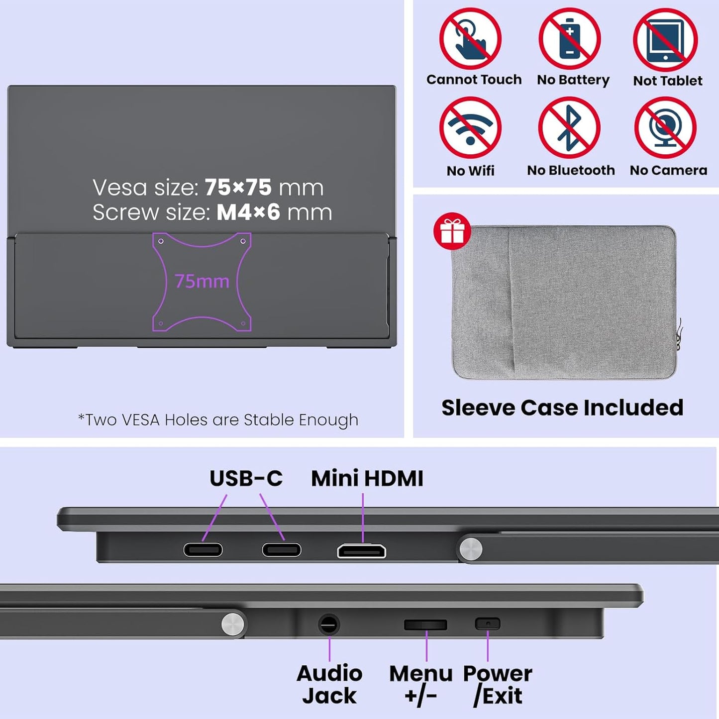 Portable Gaming Monitor 16 Inch QHD 2.5K 2560X1600 16:10 100 Hz 100% sRGB 10 Bit Travel Monitor for MacBook, Laptop, PC, Surface, Game Console, VESA Compatible, with Kickstand & Sleeve