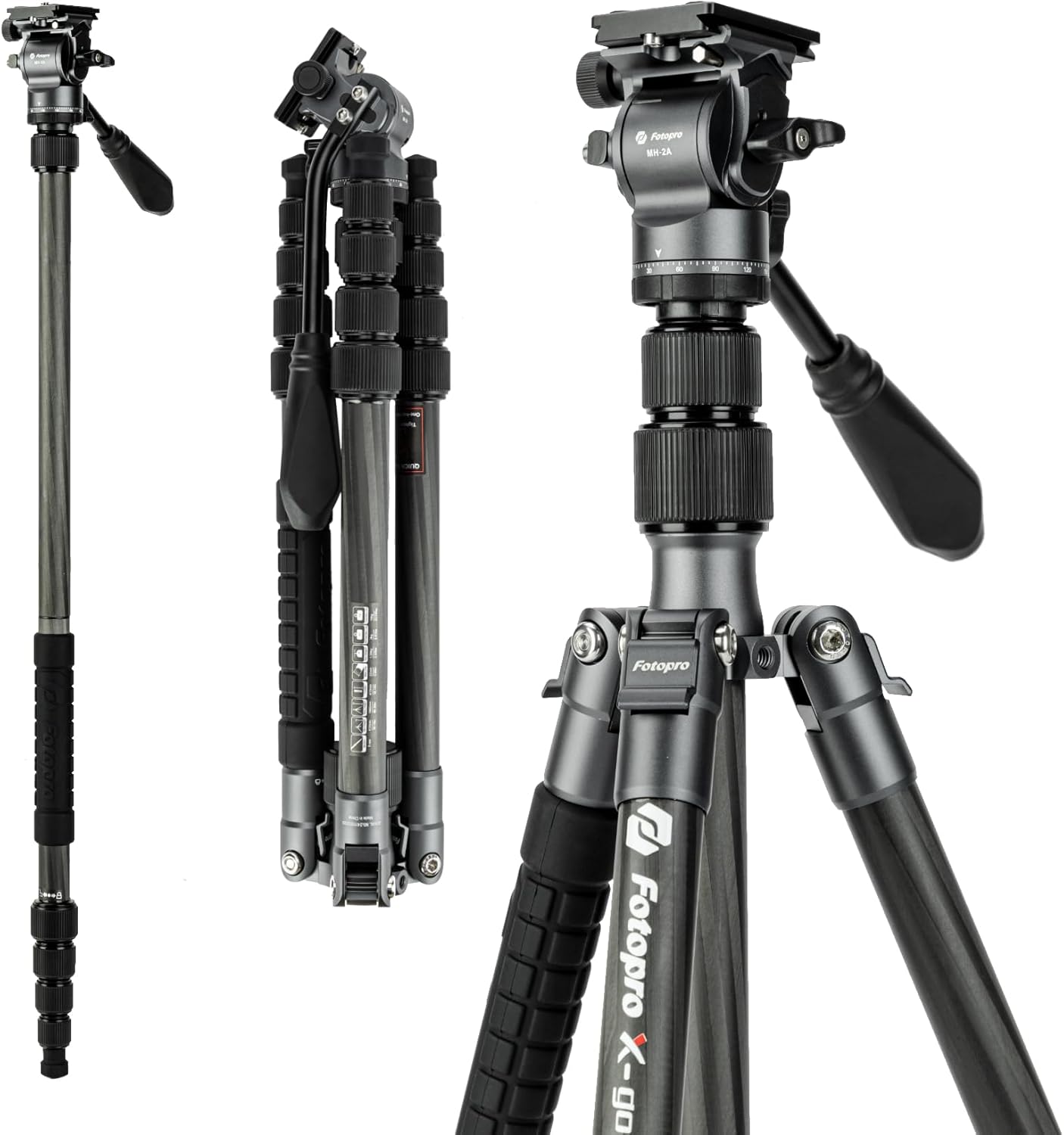 Fotopro 59" Carbon Fiber Travel Tripod, Compact Video Tripods with Fluid Head, Detachable Monopod with Quick Release Plate and Bag, Camera Tripod Load up to 8KG/17.63lbs