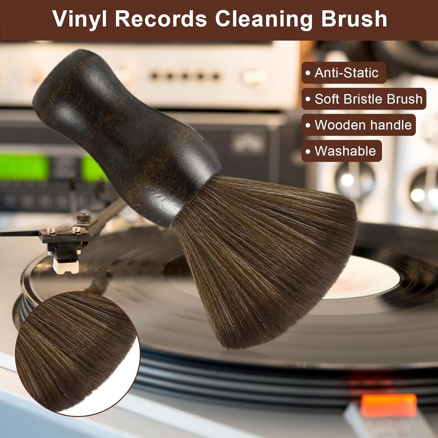 2 Pack Vinyl Turntable Wood Record Cleaning Brushes,Anti-Static Record Brush for Vinyl Albums LP CD Cartridge/Camera Lens/Computer Screen/Keyboard/Character Models
