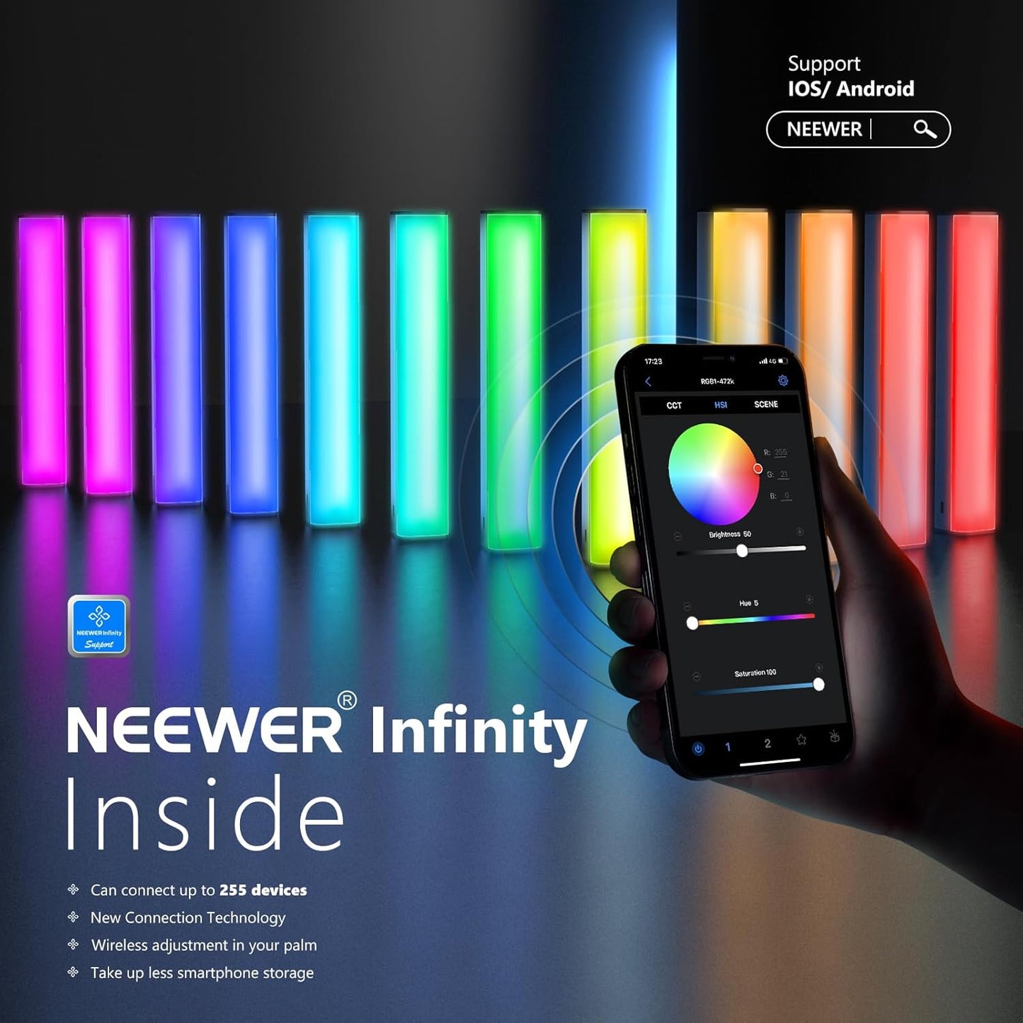 NEEWER RGB LED Video Light Stick, Touch Bar & APP Control, Magnetic Handheld Photography Lighting Wand, Dimmable 3200K~5600K CRI98+ Full Color LED Light with 6400mAh Battery, 17 Scenes, RGB1