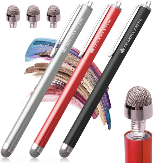 The Friendly Swede Mesh Tip Stylus Pen for Touchscreen — 3-Pack Micro-Knit Capacitive Stylus Pen for iPad & iPhone with 3 Replaceable Fiber Tips, Elastic Lanyards & Screen Cleaning Cloth