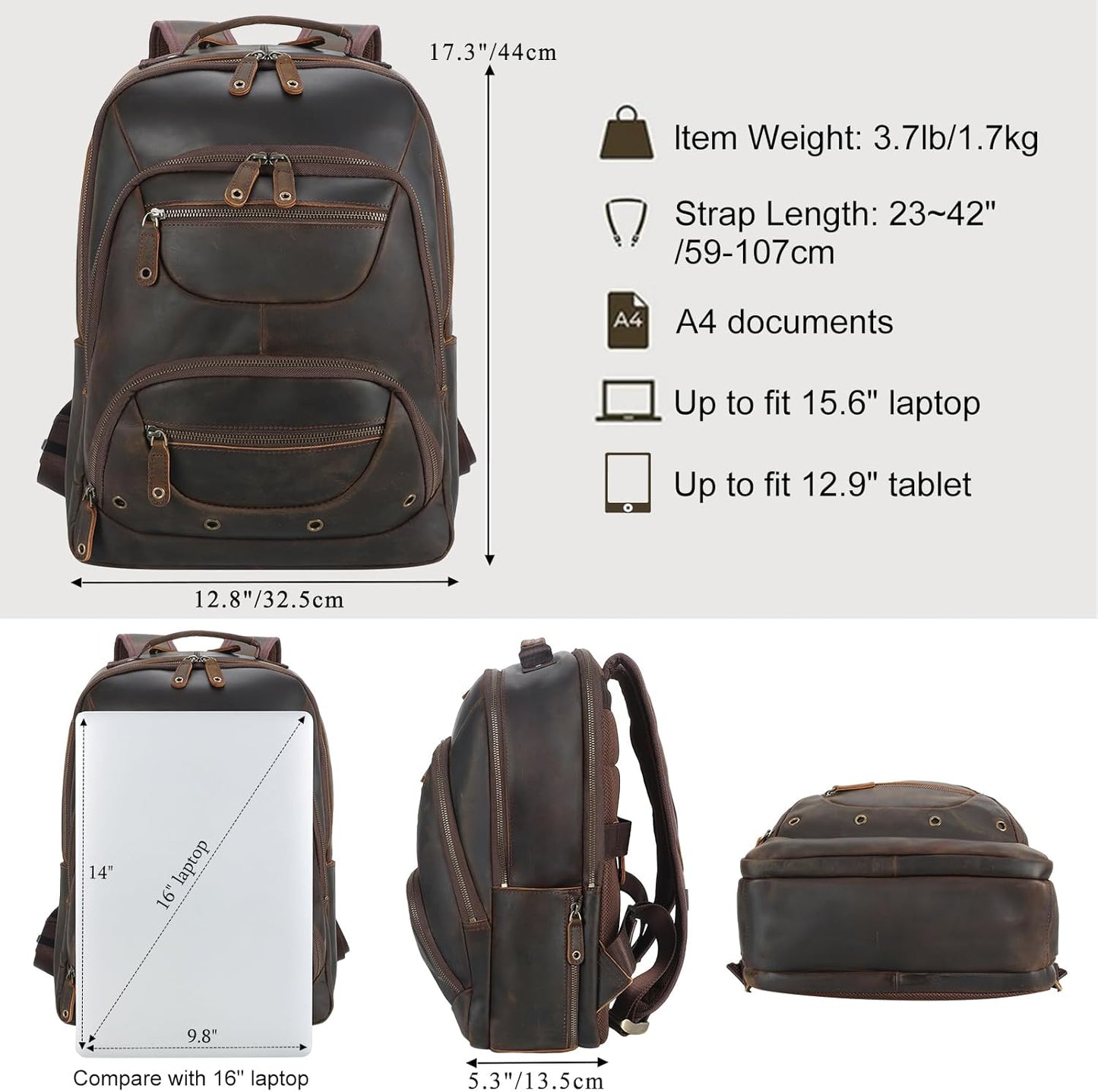 TIDING Men's Full Grain Leather Backpack Fits 16" Laptop, Vintage Business Casual Daypack 19L Overnight Travel Rucksack
