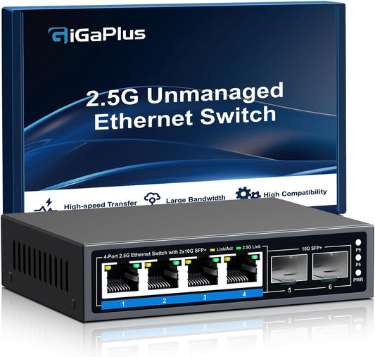 6 Ports 2.5Gb Unmanaged Ethernet Switch with 4* 2.5G Base-T Ports, 2* 10G SFP+ Ports. 2.5Gbps Network Switch for 2.5Gbps NAS/PC, WiFi6 Router, Wireless AP. Fanless Design, Plug and Play
