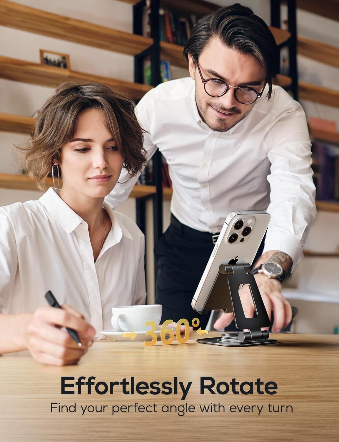 Nulaxy 360 Rotating Cell Phone Stand, Fully Adjustable Foldable Desktop Phone Holder Cradle Dock, Thick Case Friendly, Compatible with All Phones, Nintendo Switch, Black