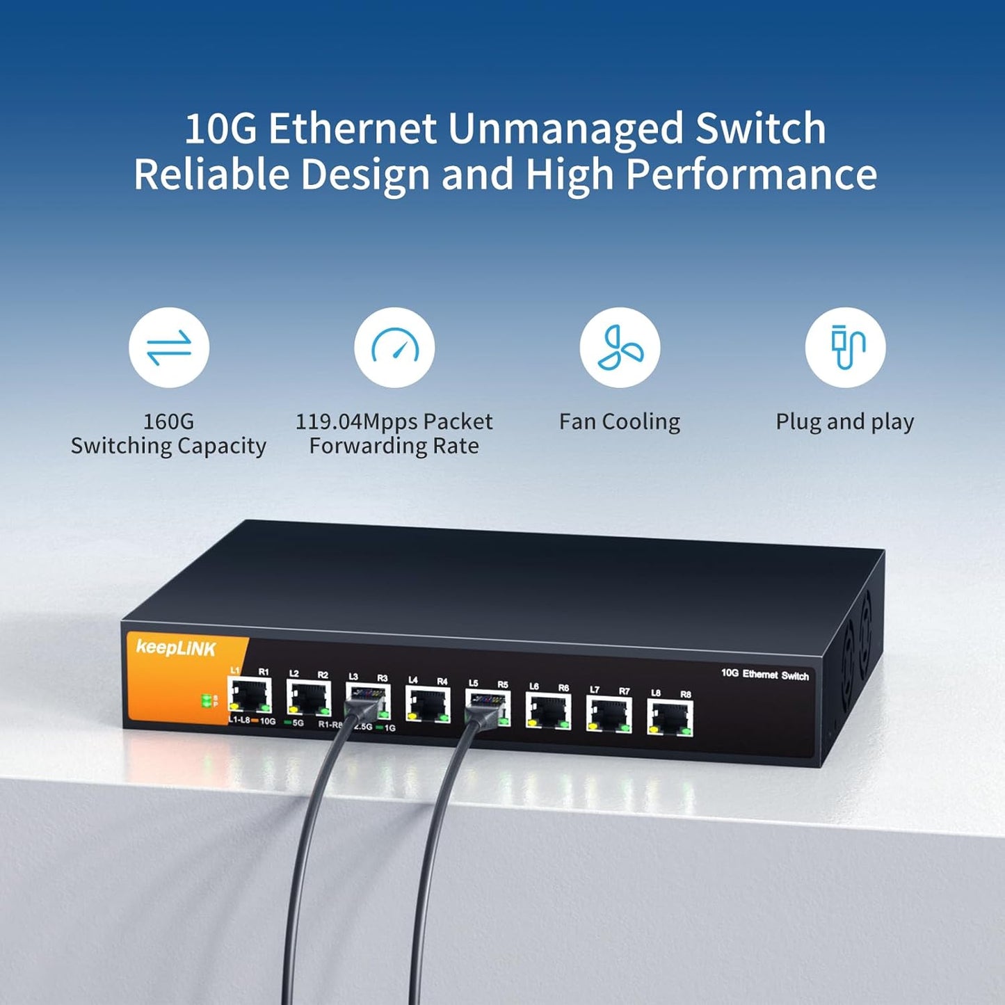 8 Port 10G Ethernet Switch Unmanaged, 8X 10G RJ45 Ports Support 10G/5G/2.5G/1000M/100M Auto-Negotiation, 160Gbps Switching Capacity, Desketop or Rackmountable Plug and Play Network Switch