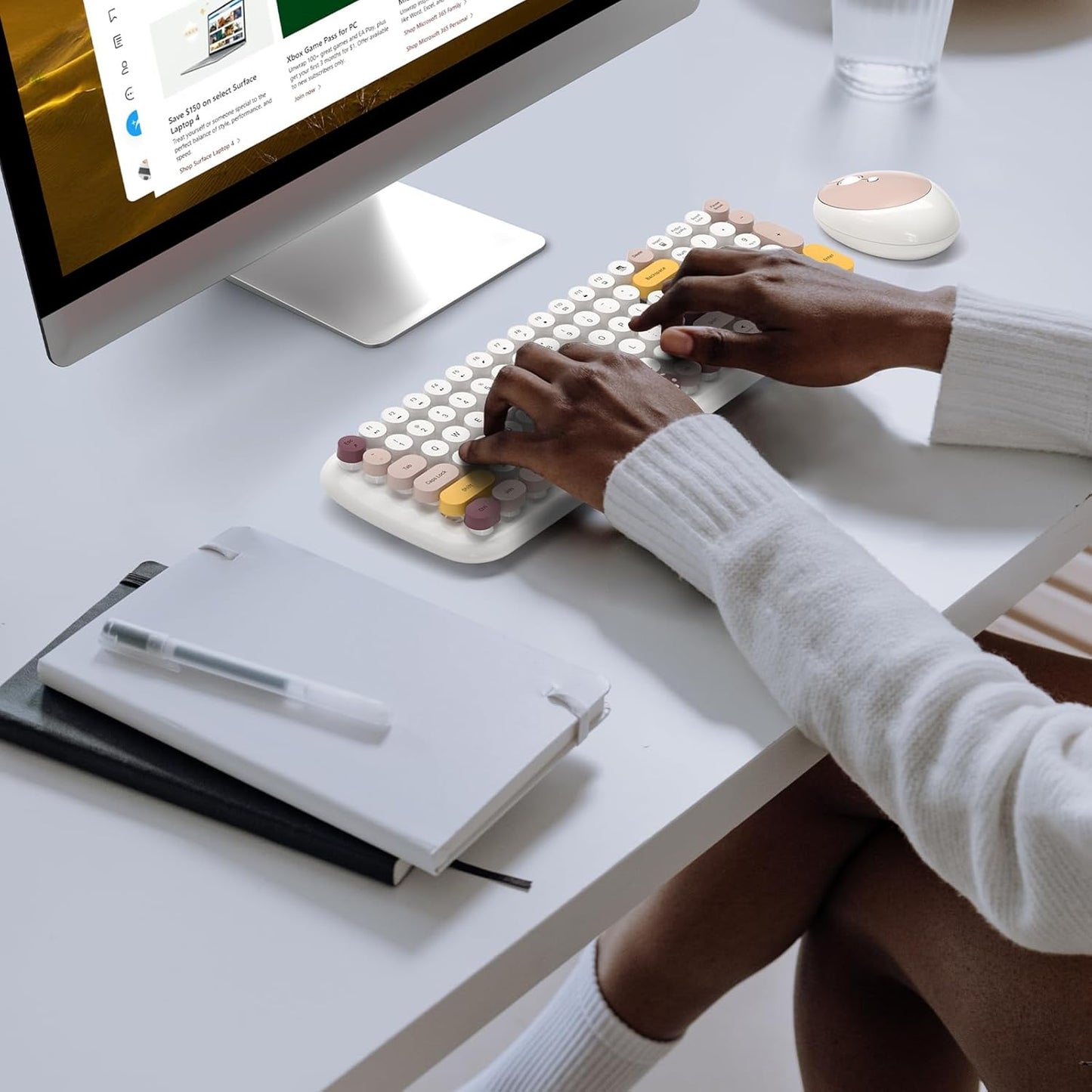 KNOWSQT Wireless Keyboard and Mouse Combo, Light Beige 100 Keys 2.4 GHz Round Keycap Typewriter Keyboards, USB Receiver Plug and Play, for Windows, PC, Laptop, Computer, Desktop