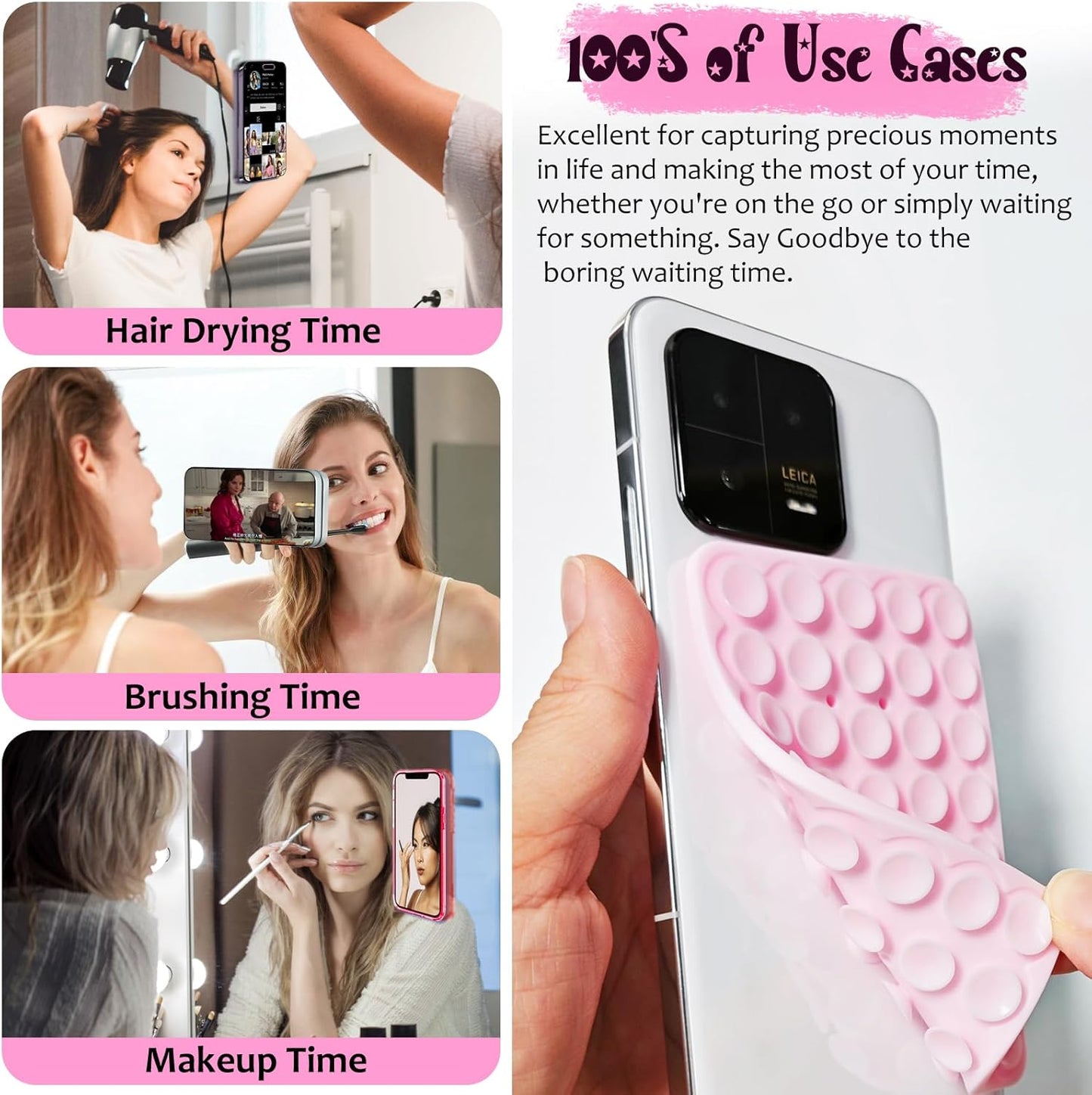 2 Pack Silicone Suction Cup Phone Case Mount Double Sided, Hands-Free Strong Grip Silicon Phone Holder, Non Slip Phone Accessories for Selfies and Videos (Light Pink&Translucent)