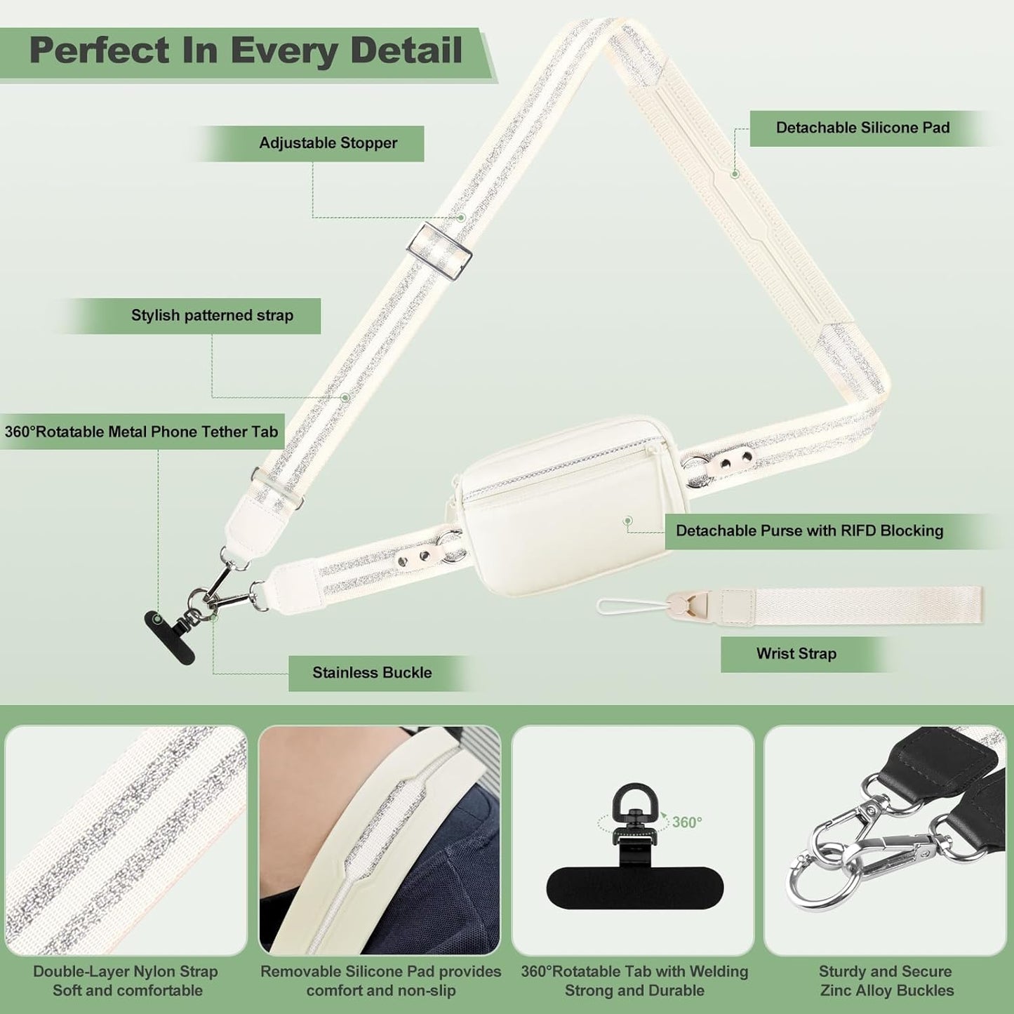 Clip and Go Strap for Phone with Wallet Crossbody, Adjustable Phone Lanyard with Detachable RFID Wristlet Wallet, Pattern Strap, Cream&Silver (M)