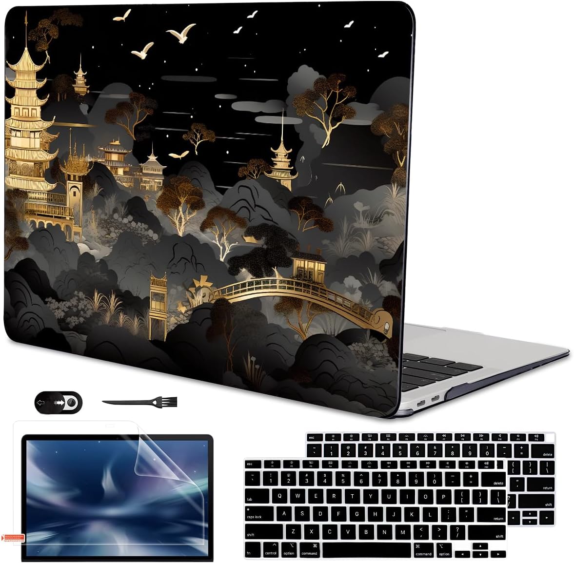 for MacBook Air 13 inch Case 2021 2020 2019 2018 Release A2337 M1 A2179 A1932 Retina Display Touch ID, Crystal Black Pattern Plastic Hard Shell Case for Mac Air 13 M1, Tide Illustration 1