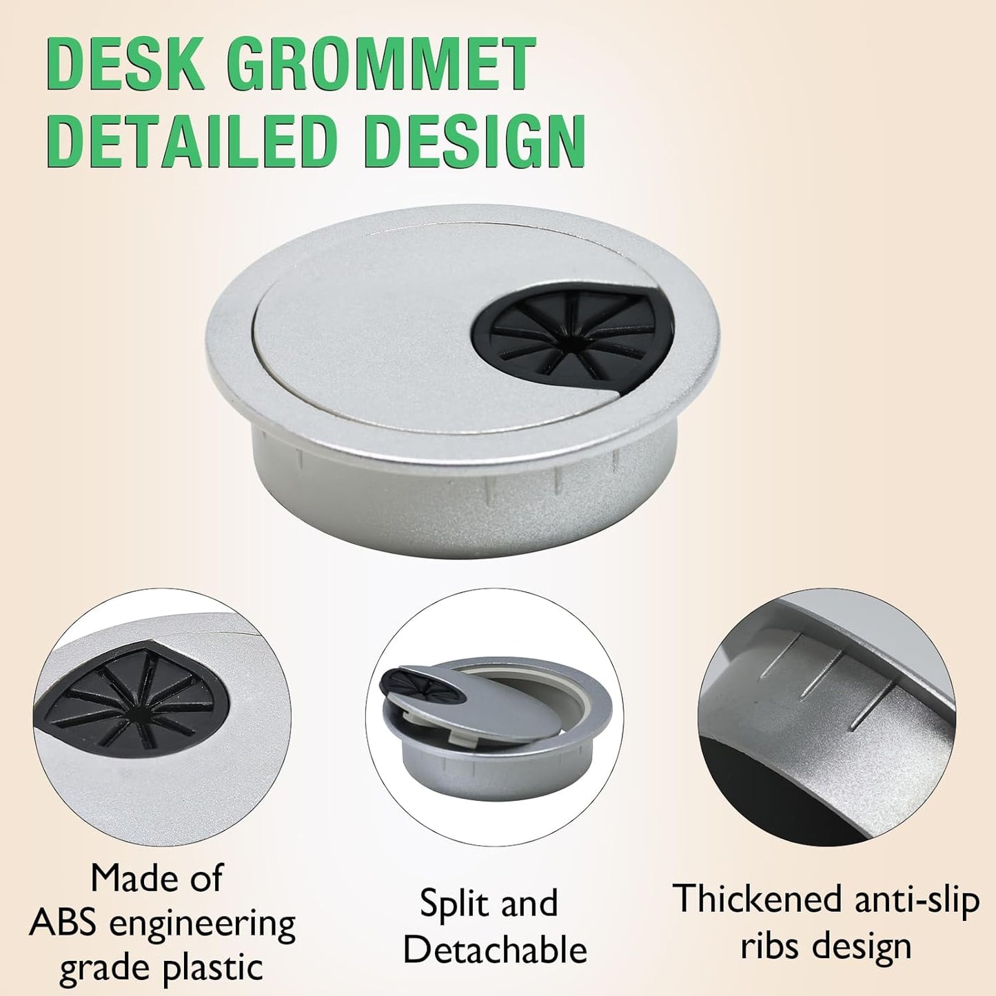 10 Pcs Desk Grommet 2-1/16" / 53 mm, Desk Cord Hole Cover, Cable Grommet ABS Plastic, Desk Hole Grommet for Home & Office Pc, Detachable Cable Cord Organizer-Silver Sand