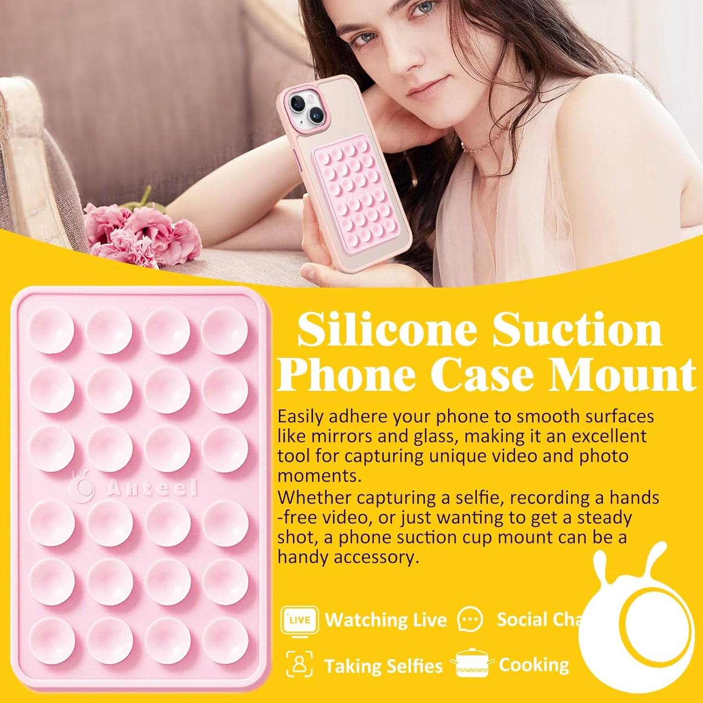 Anteel Medium-Sized Silicone Suction Phone Case Adhesive Mount, Enhanced Suction Power and Upgraded Thickened Sticky Phone Grip, Durable, Hands-Free Sticky Phone Holder, 2.28"x3.46" (WHT&WHT)