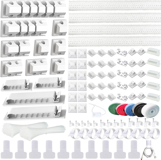 ELII 327PCS White Cable Management Kit 4 Cable Cable Sleeves, 65 Cable Clips with 13Cord Holders,20+5Roll Cable Organizer Straps,200 Fastening Cable Ties,20 Cable Zip Tie Mounts for Computer (White)