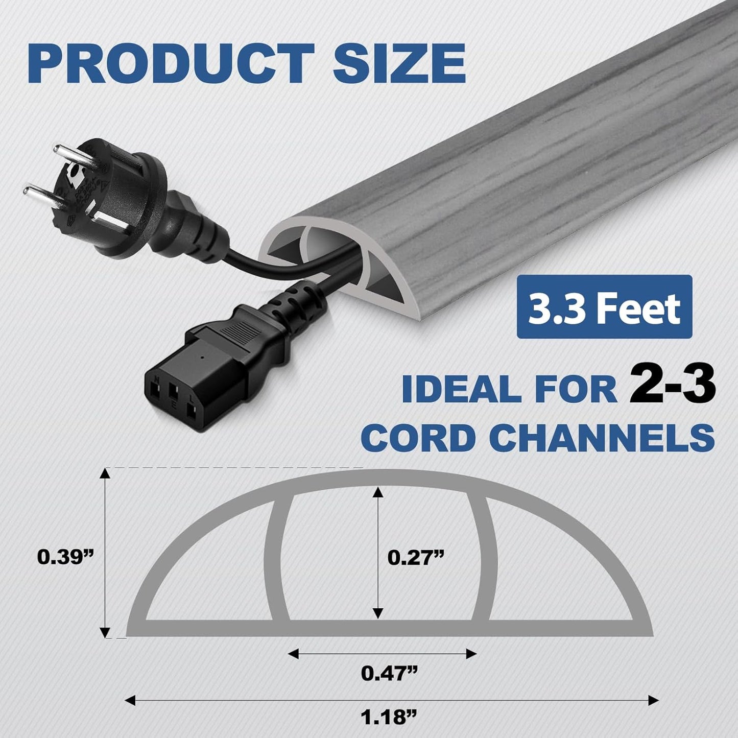 Floor Cord Cover for Wires on Floor Self Adhesive Cord Hider Floor Cable Management Wire Covers for Cords Protector Prevent Cable Trips Cord Cavity W 0.47" x H 0.27", Gray Wood, 3.3Ft