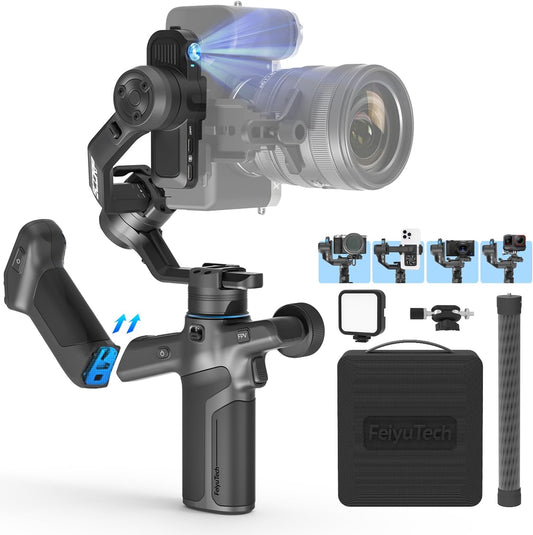 FeiyuTech SCORP Mini 3 Pro [Kit] Camera Gimbal – AI 4.0 Tracking, Detachable Handle [Bag+Fill Light+Extension Pole] 4.4lbs Payload – Gimbal Stabilizer for Mirrorless,Compact,Action Cam & Smartphones