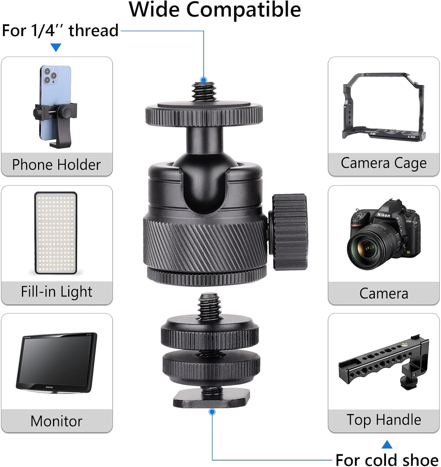 Mini Ball Head, CNC All Metal Aluminum Universal Panoramic Tripod Head Mount for Compact DSLR Action Cam Phone LED Ring Light Monopod Slider, 4.4lb Max Load