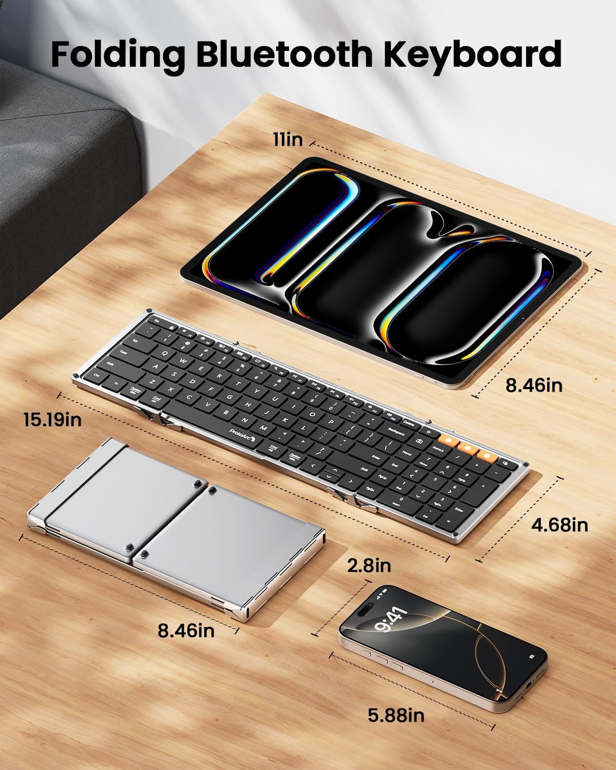 ProtoArc Foldable Bluetooth Keyboard, XK01 Folding Wireless Portable Keyboard with Numeric Keypad, Full-Size Travel Keyboards for iPad Tablet Smartphone Laptop PC Windows iOS Android, Black Silver