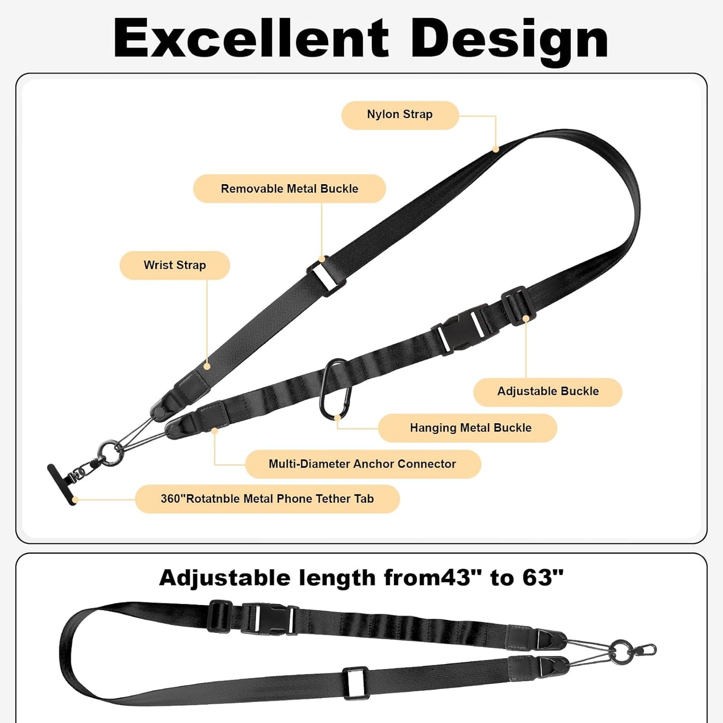 Adjustable Crossbody Phone Lanyard, Universal Phone Wrist Strap and Phone Neck Strap with Tether Tab, Phone Lanyard with Quick Release, Suitable for iPhone and Most Smartphones, Black