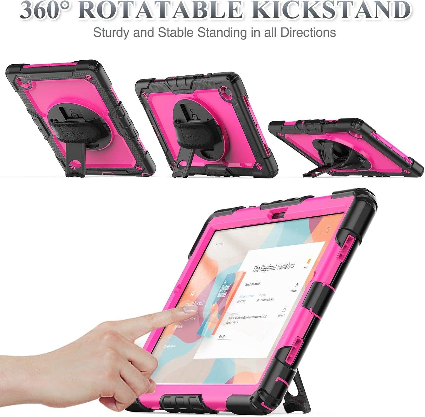 SEYMAC stock Case for Samsung Galaxy Tab A8 10.5'', Full-Body Drop Protection Case with Screen Protector Pencil Holder [360° Rotating Hand Strap] &Stand, Pink+Black