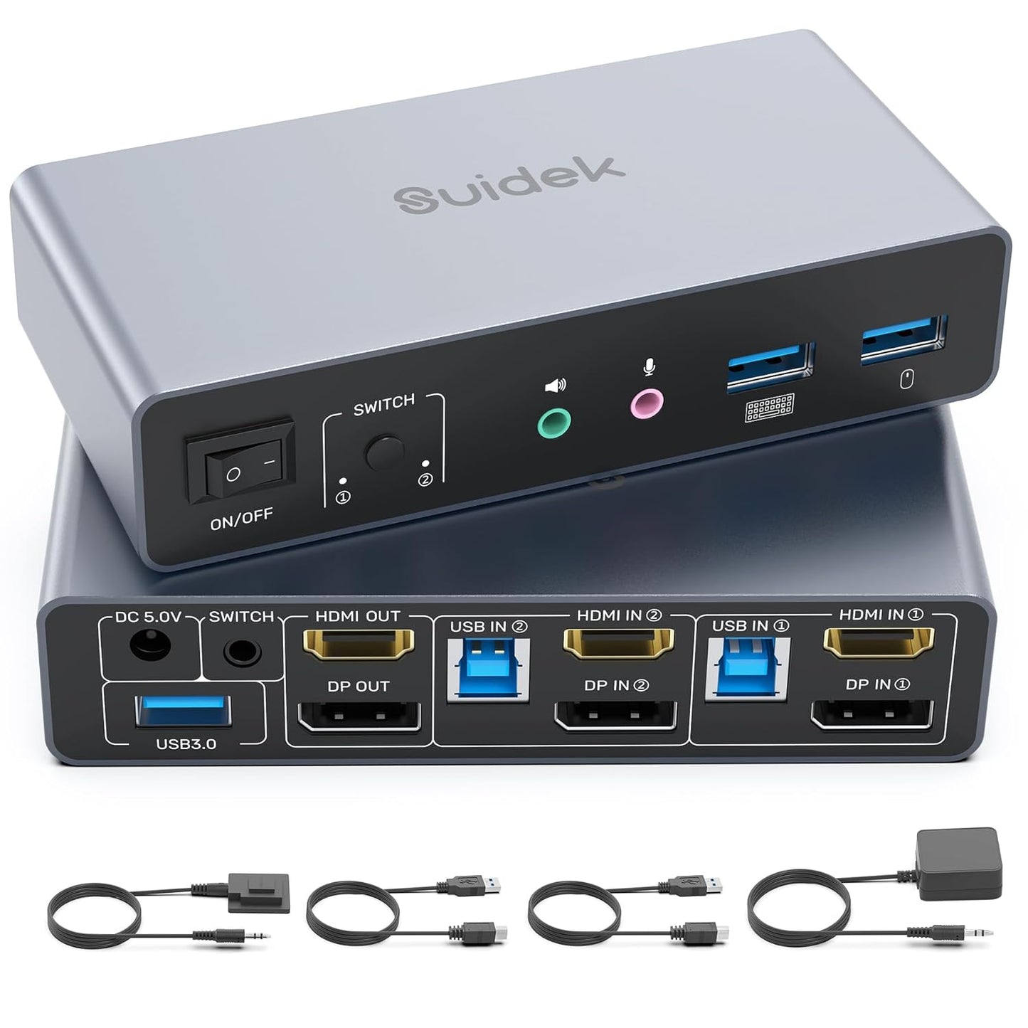 HDMI Displayport KVM Switch, 2 Computers 2 Monitors 4K@60Hz KVM Switcher Dual Monitor for 2 PC, 3 USB 3.0 Ports Support Extended/Mirror Mode with Desktop Controller&2 USB Cables&Power Adapter