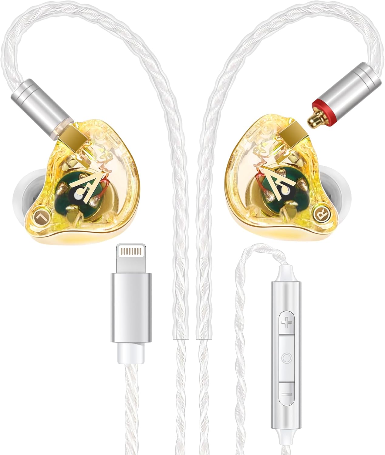 Vibes 202ML Wired Earbuds - HiFi in Ear Headphones - Noise-Isolating Ear Buds w/ Mic - Clear Sound, Deep Bass, Comfort-Fit Earphones - MMCX–Lightning for iPhone 5–14, Silver Plated Cord, Carrying Case