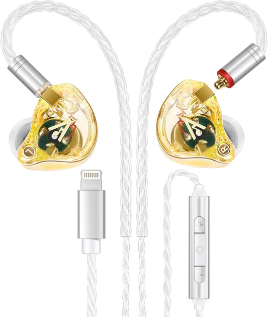 Vibes 202ML Wired Earbuds - HiFi in Ear Headphones - Noise-Isolating Ear Buds w/ Mic - Clear Sound, Deep Bass, Comfort-Fit Earphones - MMCX–Lightning for iPhone 5–14, Silver Plated Cord, Carrying Case