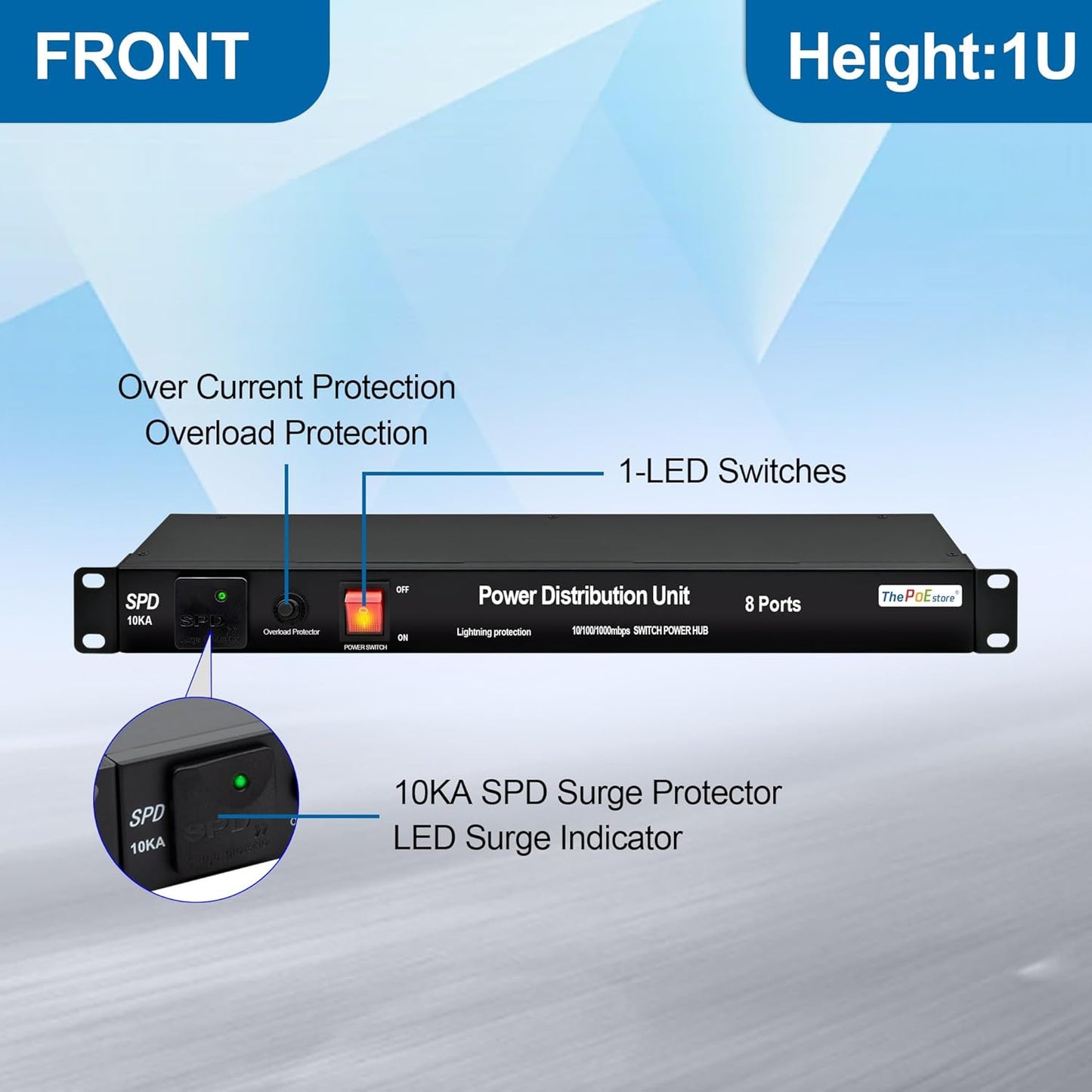1U PDU Rackmount Power Strip with 8 NEMA 5-15R Outlets & 5-Port Gigabit Ethernet Switch, 15A 100-250V,10KA SPD 3600J Surge Protection, 6ft Cord, ETL Listed, Ideal for Server Racks & Networking